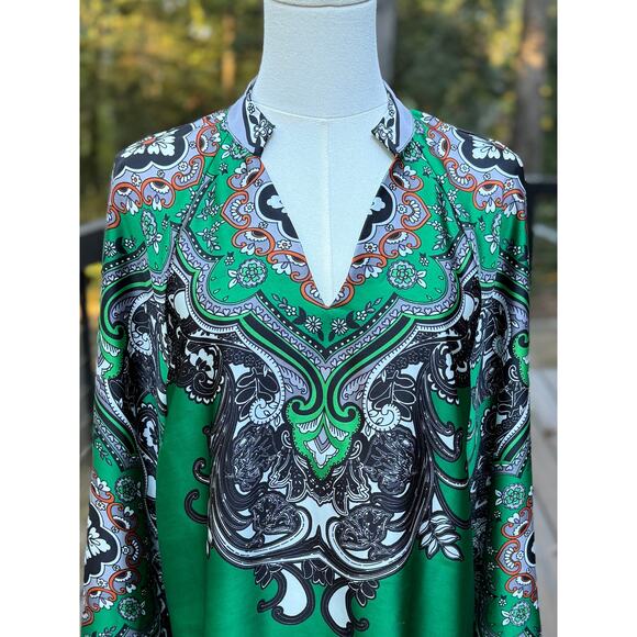 Chico's Women's Paisley Print Tunic Silk Blouse Emerald Green Size M + SCARF - Picture 9 of 14